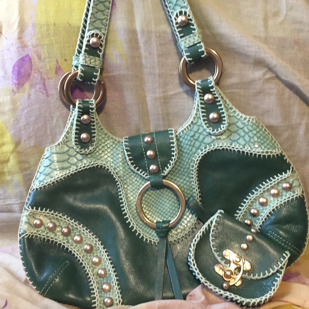 Isabella Fiore green leather studded hobo bag